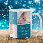 2 Photo Baby First Hanukkah New Mum and Dad Custom Coffee Mug<br><div class="desc">“First Hanukkah.” A playful grid of 2 personalised photos of your choice and white handwritten script typography and snowflakes overlaying a teal blue background, helps the proud parents usher in Hanukkah and New Year. Feel the warmth and joy of the holiday season whenever they use this stylish and modern personalised...</div>