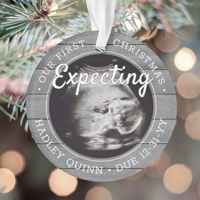 2 Photo Baby Ultrasound New Parents Grey Faux Wood Ornament (Creator Uploaded)