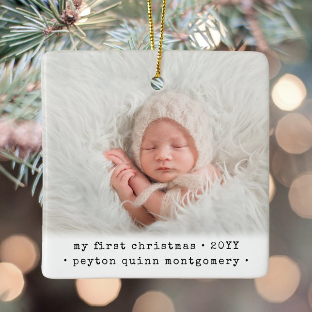 2 Photo Baby's 1st Christmas Modern Minimal Square Ceramic Ornament (Creator Uploaded)