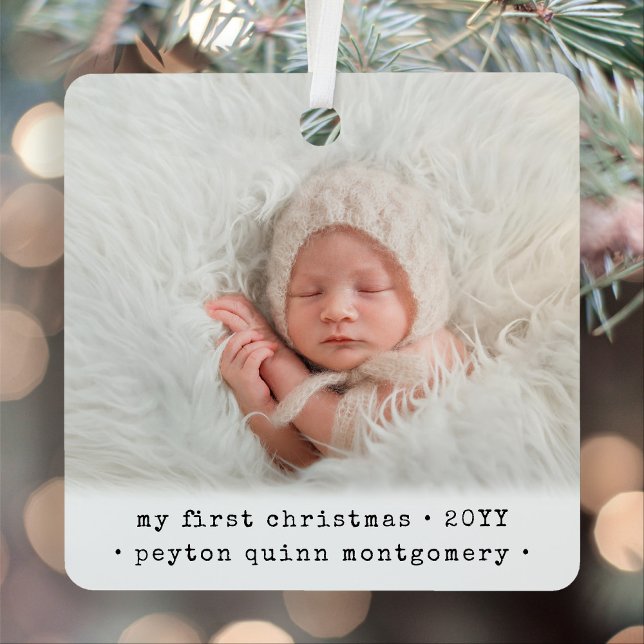 2 Photo Baby's 1st Christmas Modern Minimal Square Metal Tree Decoration (Creator Uploaded)