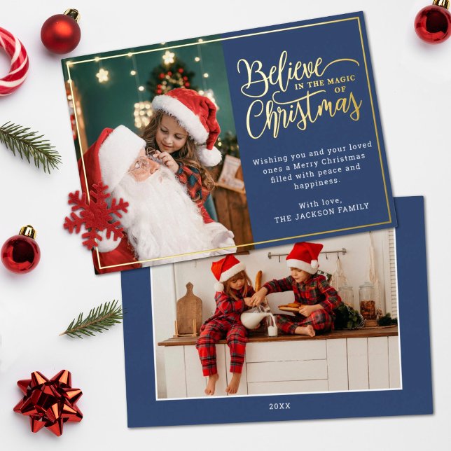 2 photo believe in the magic of Christmas blue Foil Holiday Card (Creator Uploaded)