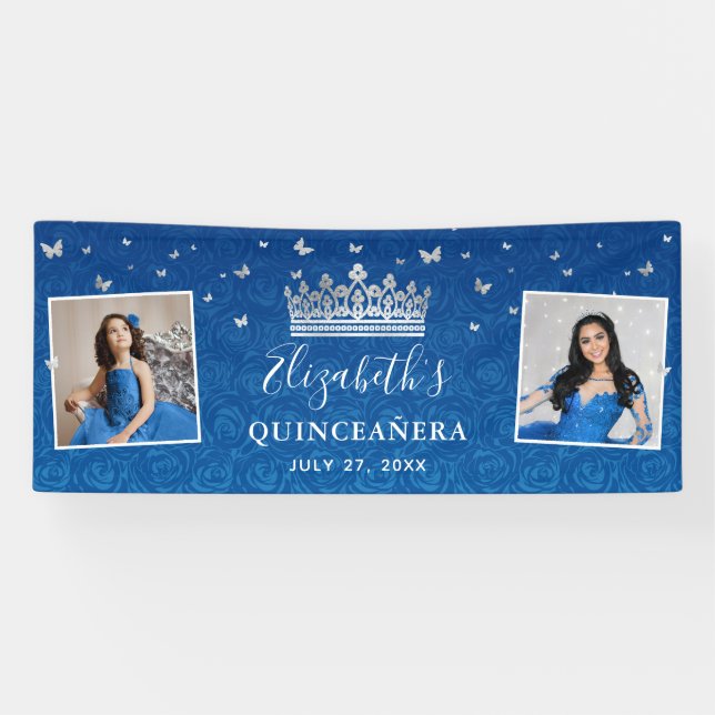 2 Photo Birthday Silver and Royal Blue Quinceanera Banner (Horizontal)