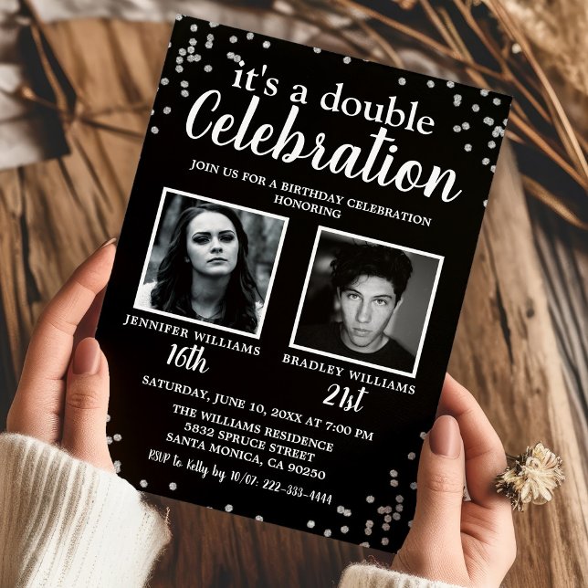 2 Photo Black Silver Birthday Invitation (Creator Uploaded)