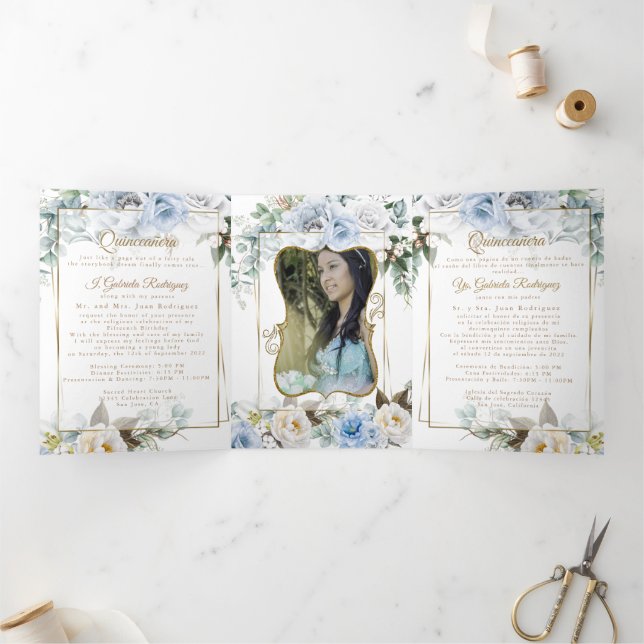 2 Photo Blue Peony Mis Quince Años Tri-Fold (Inside)