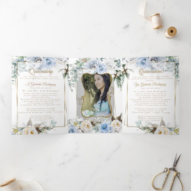 2 Photo Blue Peony Mis Quince Años Tri-Fold Invitation (Inside)