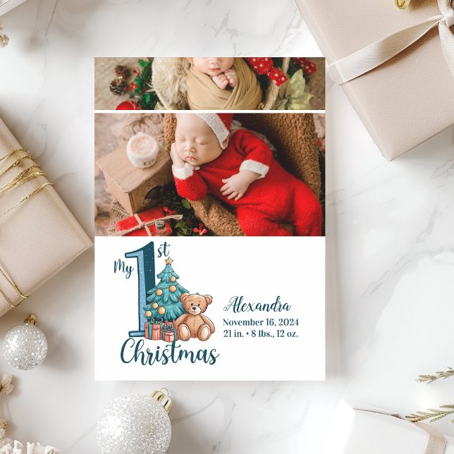 2 Photo Blue Teddy Baby 1st Christmas Holiday Card (Creator Uploaded)