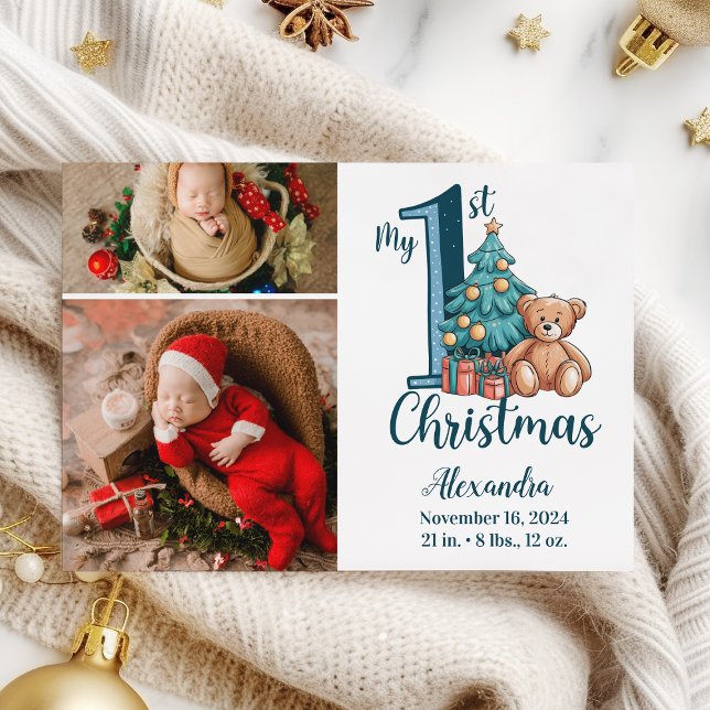 2 Photo Blue Teddy Baby 1st Christmas Holiday Card (Creator Uploaded)