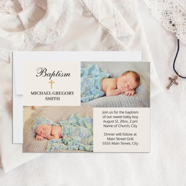 2 Photo Boy Girl Gold Cross Religious Baptism  Invitation (Creator Uploaded)