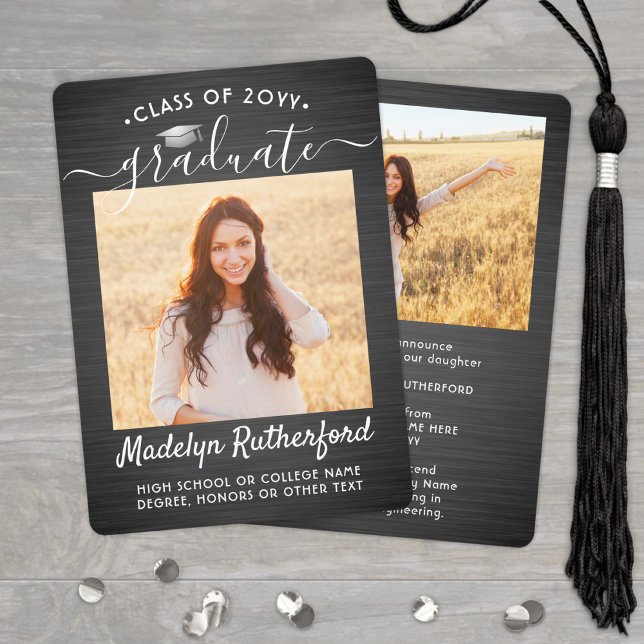 2 Photo Brushed Black and White Script Graduation Announcement (Creator Uploaded)