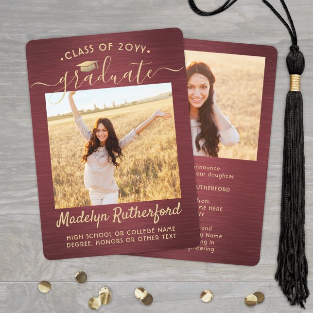 2 Photo Brushed Burgundy & Gold Script Graduation Announcement (Creator Uploaded)