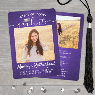 2 Photo Brushed Purple and White Script Graduation Announcement