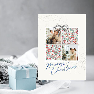 2-Photo Card Red-l.Blue Pattern Christmas Present
