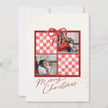 2-Photo Card Red-White Pattern Christmas Present 