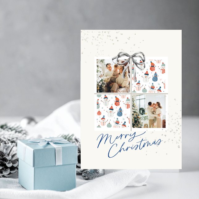 2-Photo Card Silver-Blue Pattern Christmas Present (Christmas card with two photo frames, a coquette silver bow and happy snowmen)
