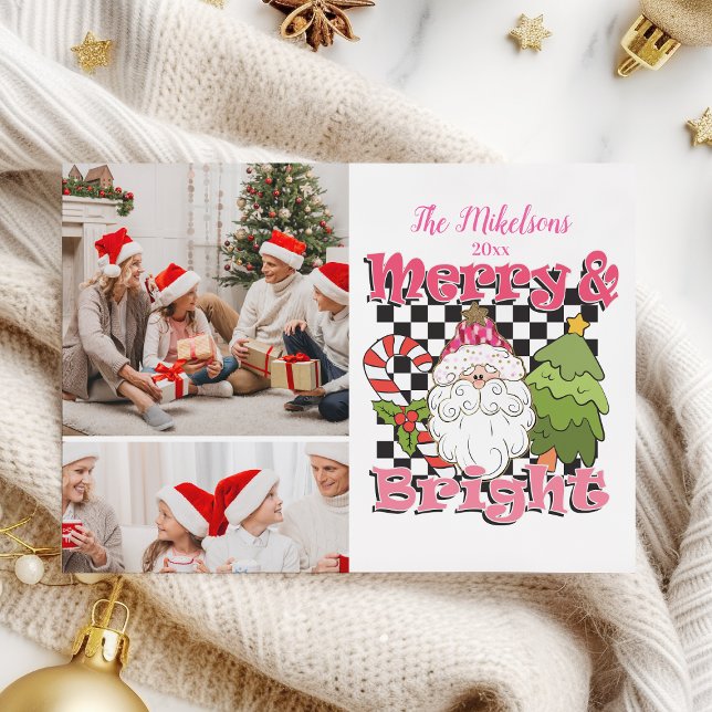 2 Photo Chequered Merry & Bright Christmas Holiday Card (Creator Uploaded)