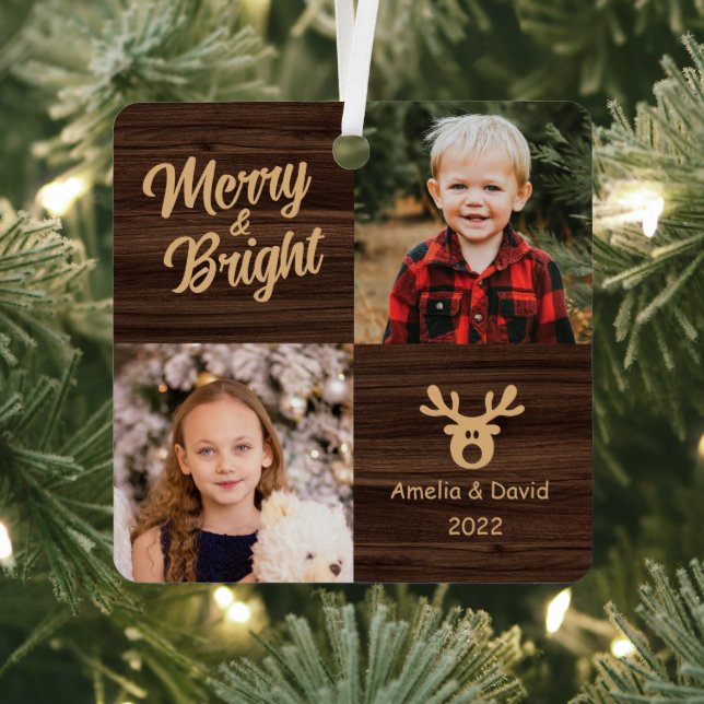 2 Photo Children Rustic Wood Christmas Metal Tree Decoration (Insitu)