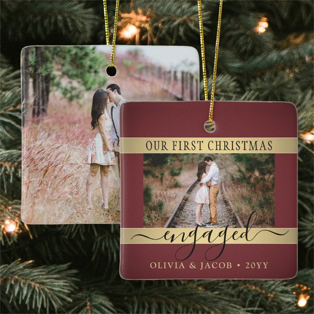 2 Photo Christmas Engagement Burgundy & Faux Gold Ceramic Ornament (Creator Uploaded)