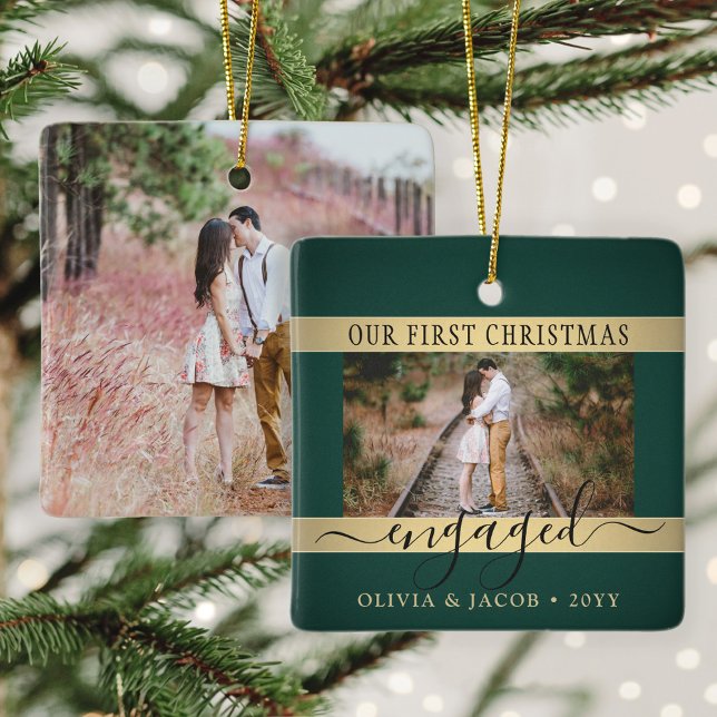 2 Photo Christmas Engagement Green and Faux Gold Ceramic Ornament (Creator Uploaded)