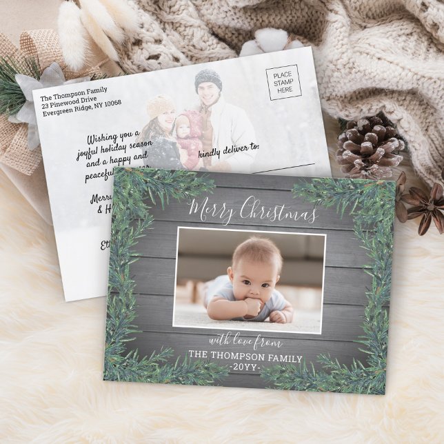 2 Photo Christmas Greenery & Rustic Grey Wood Holiday Postcard (Creator Uploaded)