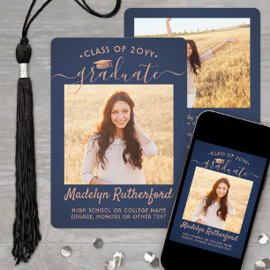 2 Photo Class Year Navy Blue and Copper Graduation Announcement