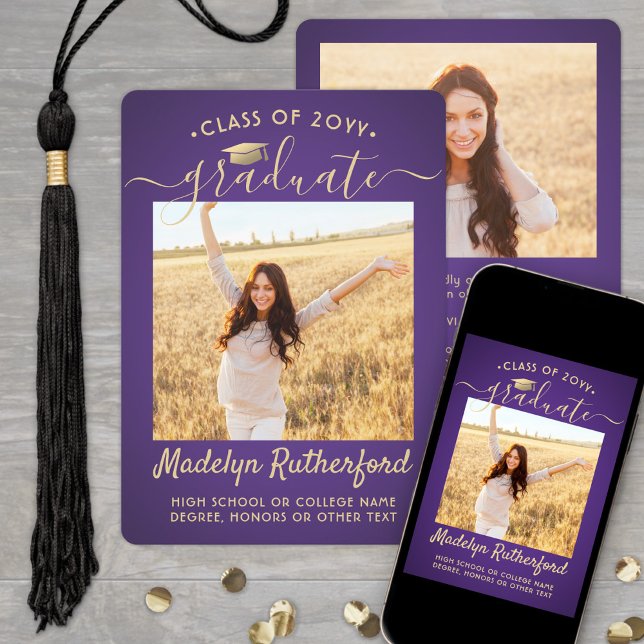 2 Photo Class Year Purple & Gold Script Graduation Announcement (Creator Uploaded)