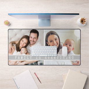 2 Photo Collage Family Is Everything Quote Grey Desk Mat