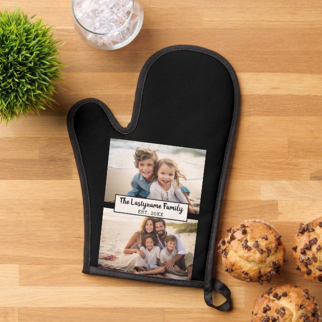 2 Photo Collage Family Name - Horizontal Pics Oven Mitt (Top down)