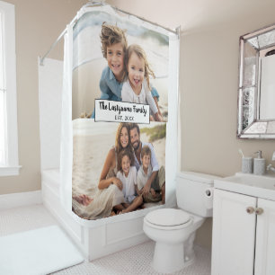 2 Photo Collage Family Name - Horizontal Pics Shower Curtain