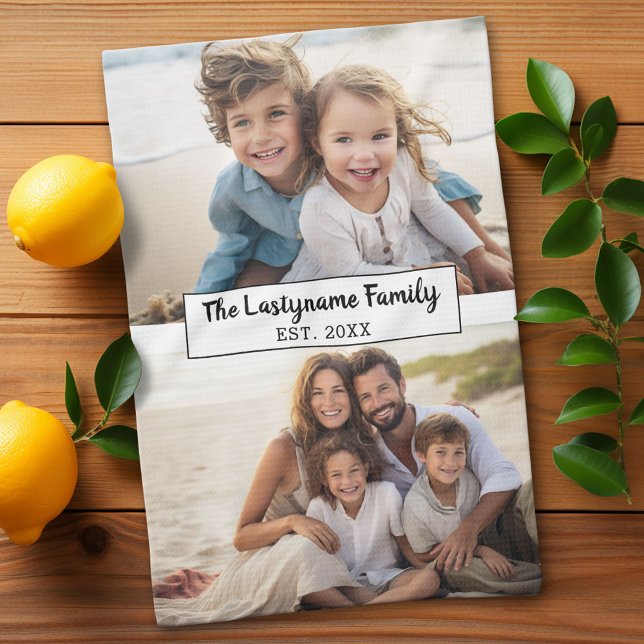 2 Photo Collage Family Name - Horizontal Pics Tea Towel (Custom Kitchen Towel with Photo Collage)
