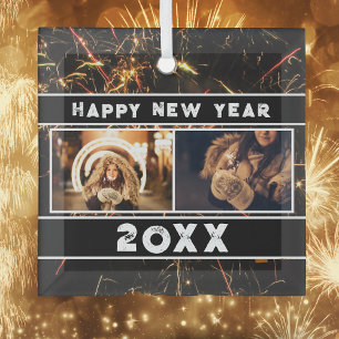 2 Photo Collage Firework Happy New Year 2026 Glass Tree Decoration