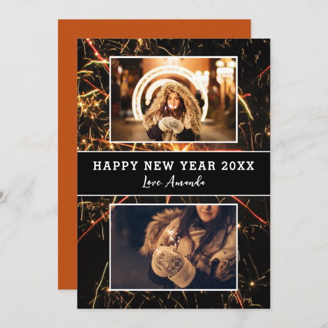 2 Photo Collage Firework Happy New Year Holiday Card (Front/Back)