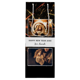 2 Photo Collage Firework Happy New Year  Wine Gift Bag