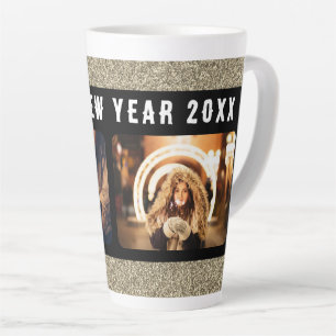 2 Photo Collage Gold Glitter Happy New Year 2023 Latte Mug
