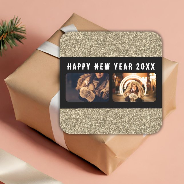2 Photo Collage Gold Glitter Happy New Year 2026 Square Sticker (Creator Uploaded)