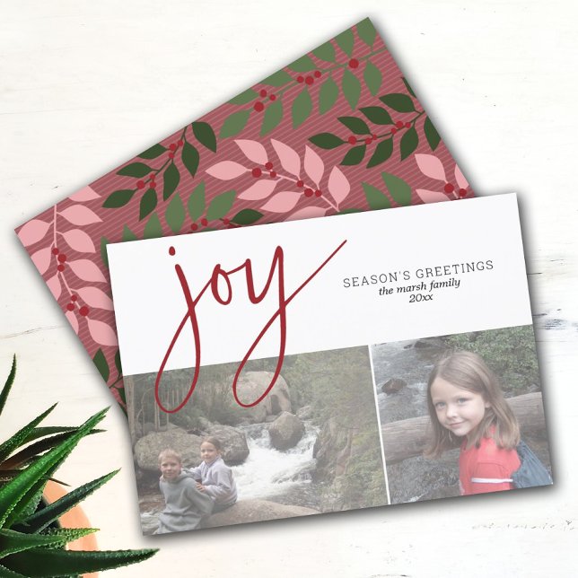 2 Photo Collage Joy Script Season's Greeting rose Holiday Card (Creator Uploaded)