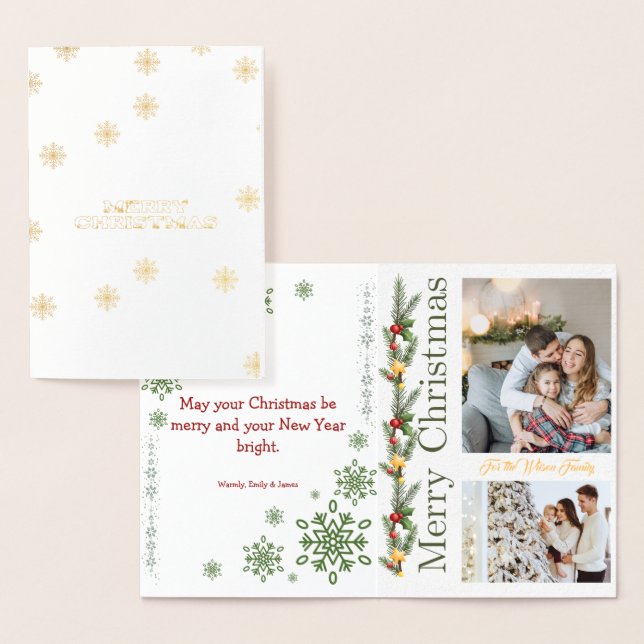 2 Photo Collage Merry Christmas Green Holiday Card (Display)