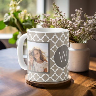 2 Photo Collage - Taupe Quatrefoil and Monogram Coffee Mug