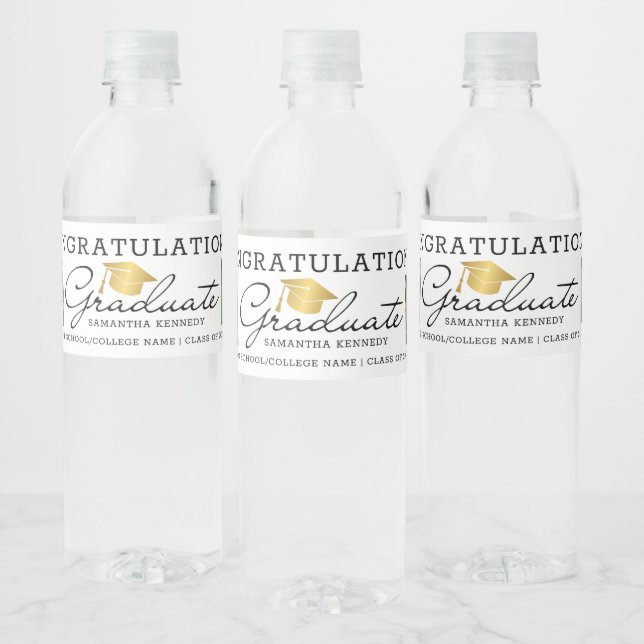  2 Photo Congrats 2025 Graduate Black Gold White Water Bottle Label (Bottles)