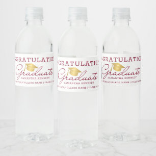  2 Photo Congrats Grad 2025  Burgundy Gold White Water Bottle Label