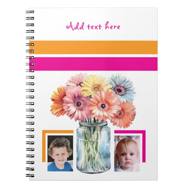2 photo custom text flowers pink orange notebook (Front)