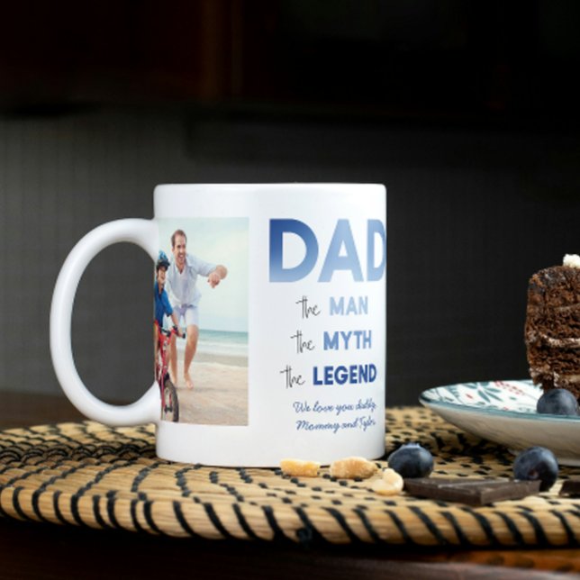 2 Photo DAD The Man Myth Legend Blue Personalised Coffee Mug (Easily personalize this 2 photo Dad mug with your images and message for a gift he'll treasure)