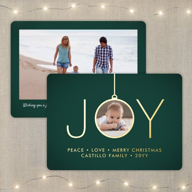 2 Photo Dark Green Modern Joy Christmas Ornament Foil Holiday Card (Creator Uploaded)
