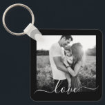 2 Photo Double Sided Template Love Text Metal Keyc Key Ring<br><div class="desc">Fully customisable 2 black and white photo template double sided love text metal keychain on black.</div>