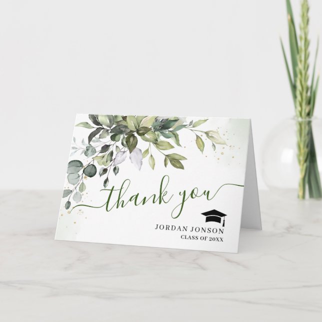 2 PHOTO Elegant Eucalyptus Greenery Graduation Thank You Card (Front)