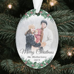 2 Photo Elegant Holly Greenery Merry Christmas Ornament<br><div class="desc">Celebrate the simple joys of the holidays with a custom Merry Christmas two photo oval acrylic ornament. The pictures and all wording on this template are easy to personalise and can be different or the same on front and back. The script can be changed to First Christmas, Seasons Greetings, a...</div>