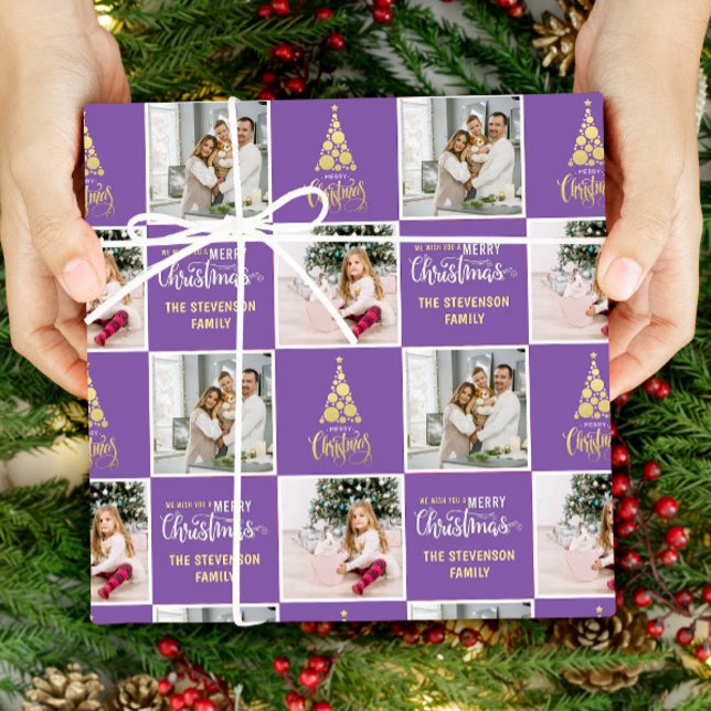 2 Photo Elegant Merry Christmas Gold Purple Wrapping Paper (Creator Uploaded)