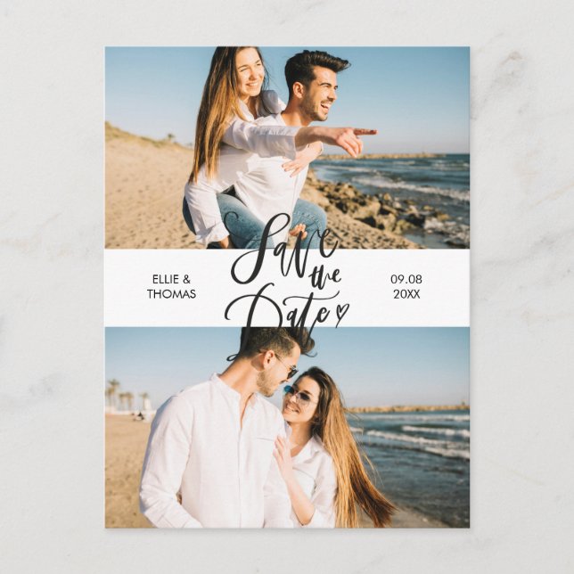 2 Photo Elegant Modern Script Save the Date Announcement Postcard (Front)