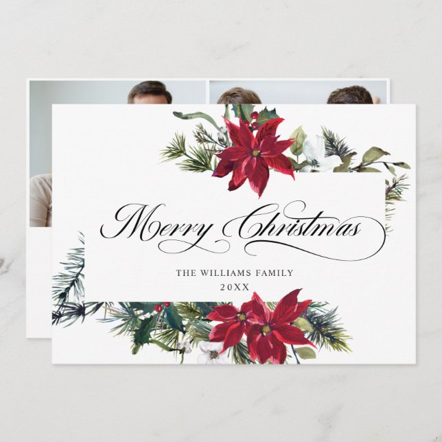 2 PHOTO Elegant Poinsettia Christmas Greeting Holiday Card (Front/Back)