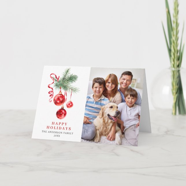 2 PHOTO Elegant Red Ornament Christmas Greeting Holiday Card (Front)