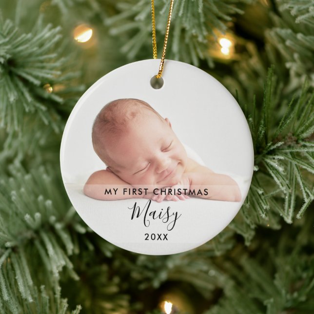2 Photo Elegant Script Baby My First Christmas  Ceramic Ornament (Tree)